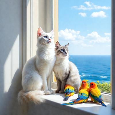 The primary subject of the image is a cat sitting on a window sill, with two birds perched nearby. The cat appears to be looking at the birds, creating a sense of curiosity and interaction between the animals. The setting is an outdoor environment, with the cat and birds positioned in front of a window. The visual style of the image is a photo, capturing the moment between the cat and the birds. The colors and mood of the image are predominantly warm and inviting, with the sunlight streaming through the